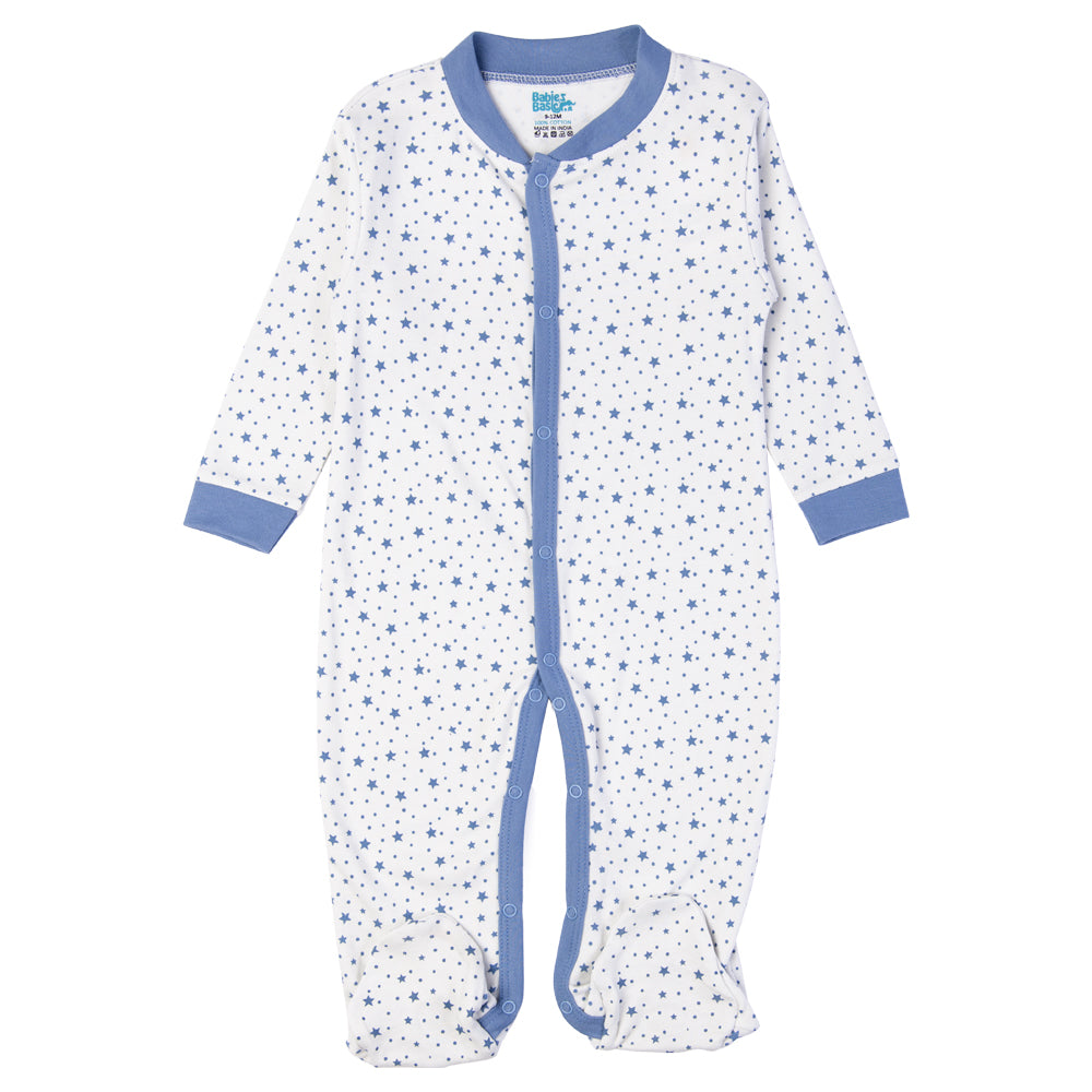 Babies Basic - Printed Cotton Long Sleeves Sleepsuit/Romper - Blue/White