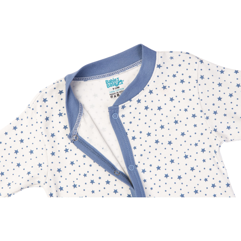 Babies Basic - Printed Cotton Long Sleeves Sleepsuit/Romper - Blue/White