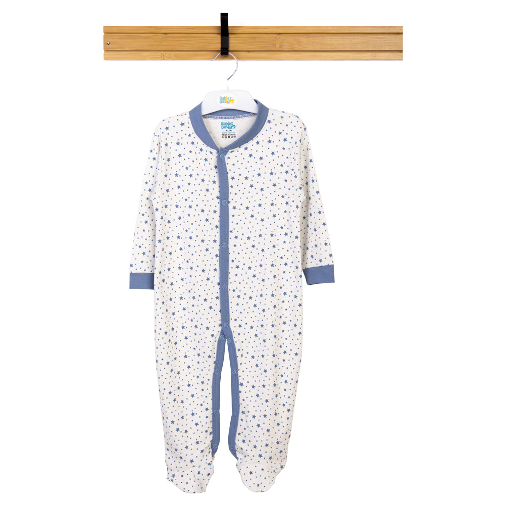 Babies Basic - Printed Cotton Long Sleeves Sleepsuit/Romper - Blue/White