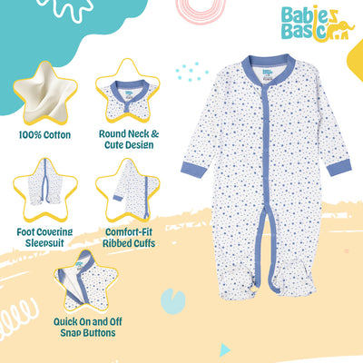 Babies Basic - Printed Cotton Long Sleeves Sleepsuit/Romper - Blue/White