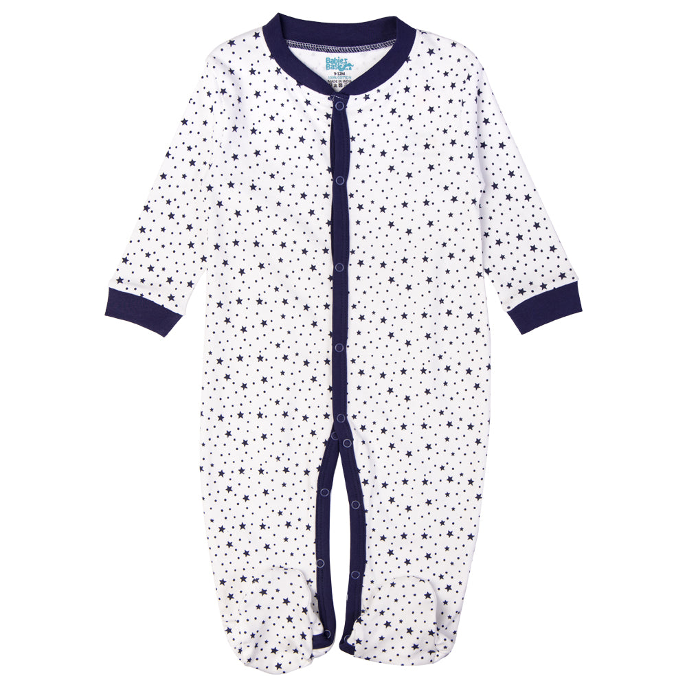 Babies Basic - Printed Cotton Long Sleeves Sleepsuit/Romper -White/Blue