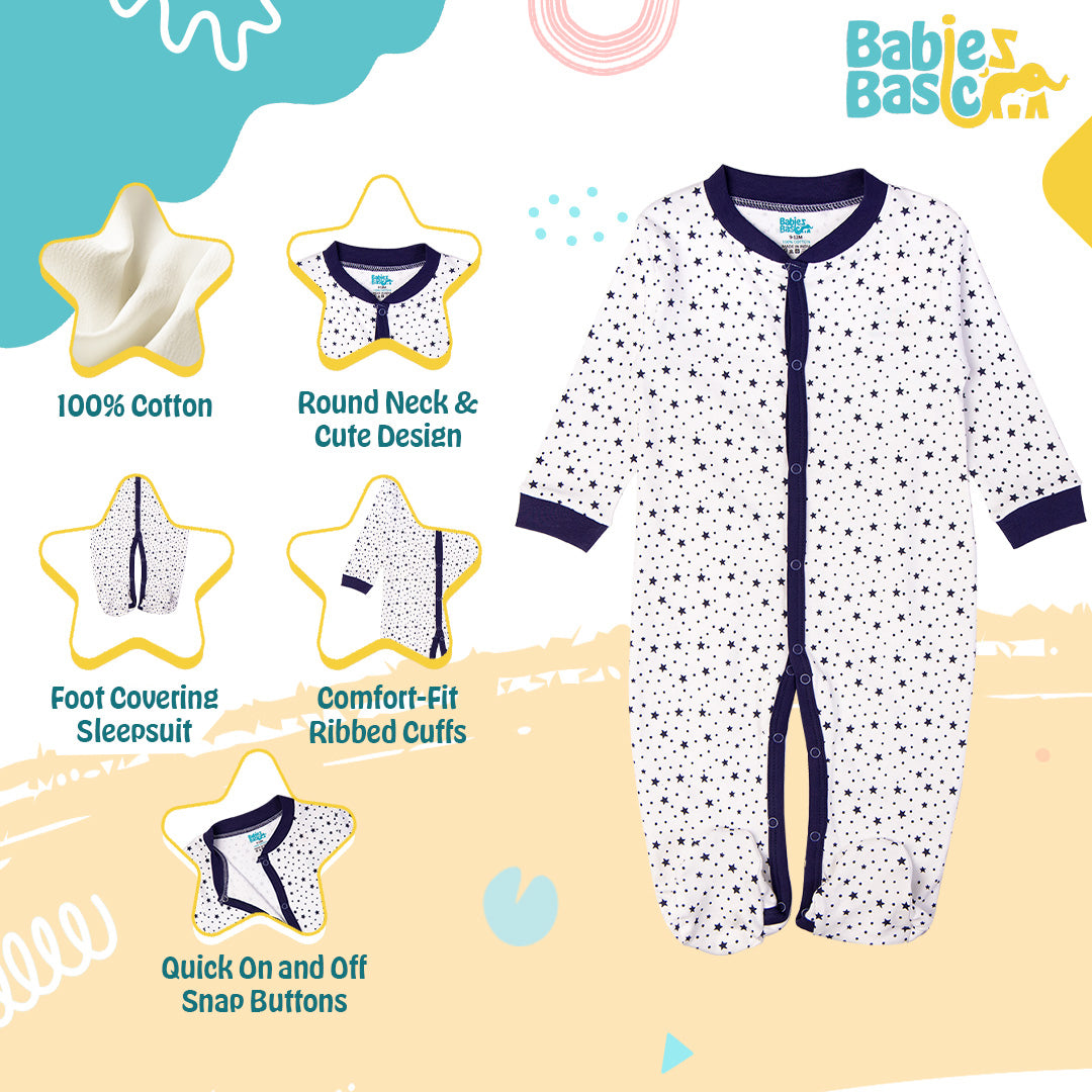 Babies Basic - Printed Cotton Long Sleeves Sleepsuit/Romper -White/Blue