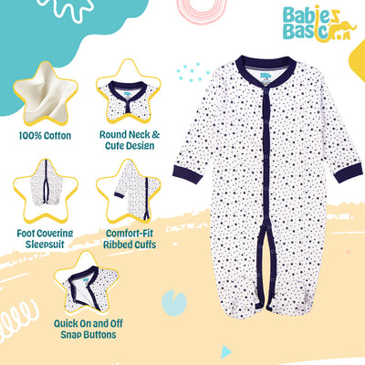 Babies Basic - Printed Cotton Long Sleeves Sleepsuit/Romper -White/Blue