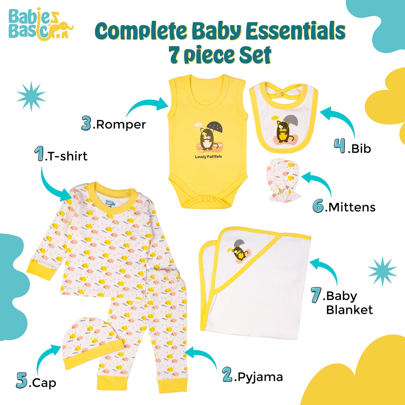 7pc Cotton Set - Bib, Romper, Mittens, Blanket, Cap, Top & Pyjama - Lemon/Yellow