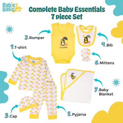 7pc Cotton Set - Bib, Romper, Mittens, Blanket, Cap, Top & Pyjama - Lemon/Yellow