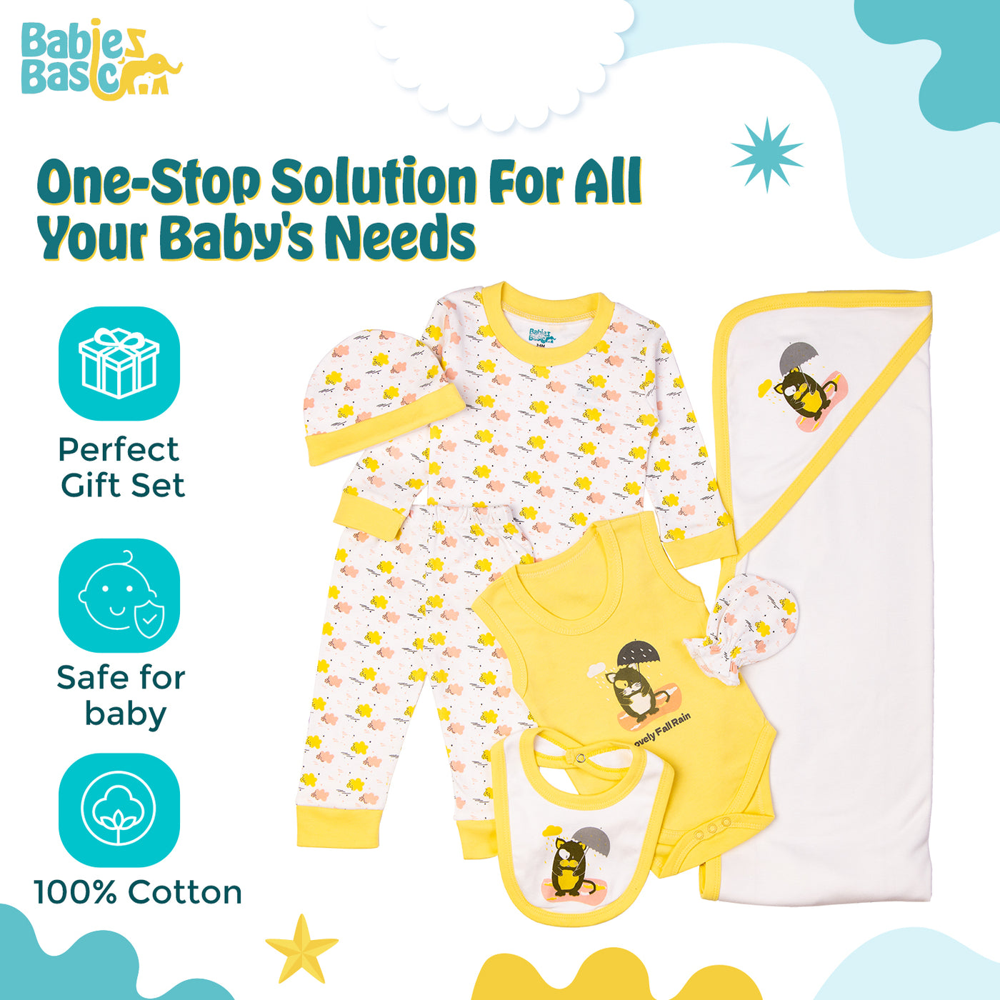 7pc Cotton Set - Bib, Romper, Mittens, Blanket, Cap, Top & Pyjama - Lemon/Yellow