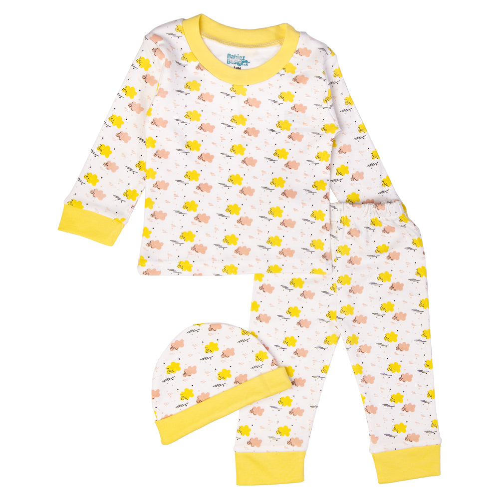 7pc Cotton Set - Bib, Romper, Mittens, Blanket, Cap, Top & Pyjama - Lemon/Yellow
