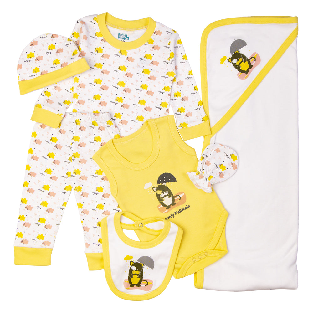 7pc Cotton Set - Bib, Romper, Mittens, Blanket, Cap, Top & Pyjama - Lemon/Yellow