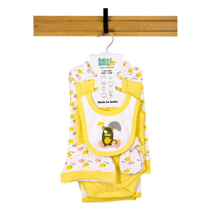 7pc Cotton Set - Bib, Romper, Mittens, Blanket, Cap, Top & Pyjama - Lemon/Yellow