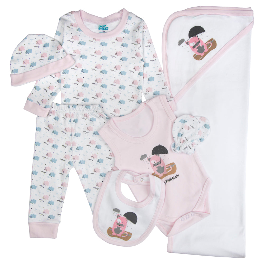 7pc Cotton Set - Bib, Romper, Mittens, Blanket, Cap, Top & Pyjama - PInk