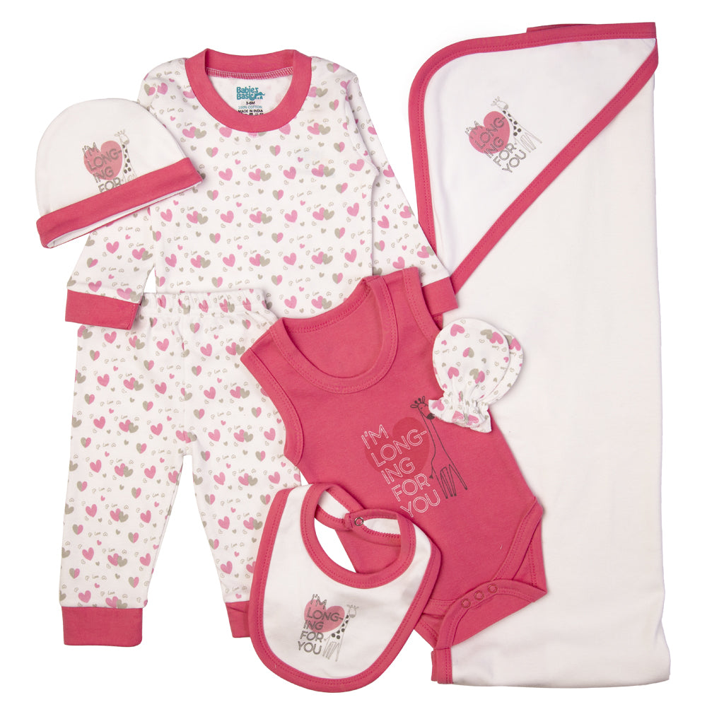 7pc Cotton Set - Bib, Romper, Mittens, Blanket, Cap, Top & Pyjama - Red