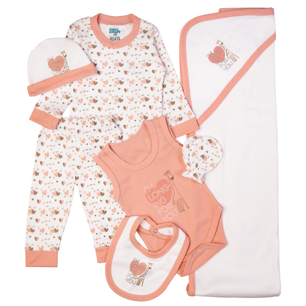 7pc Cotton Set - Bib, Romper, Mittens, Blanket, Cap, Top & Pyjama - Pink