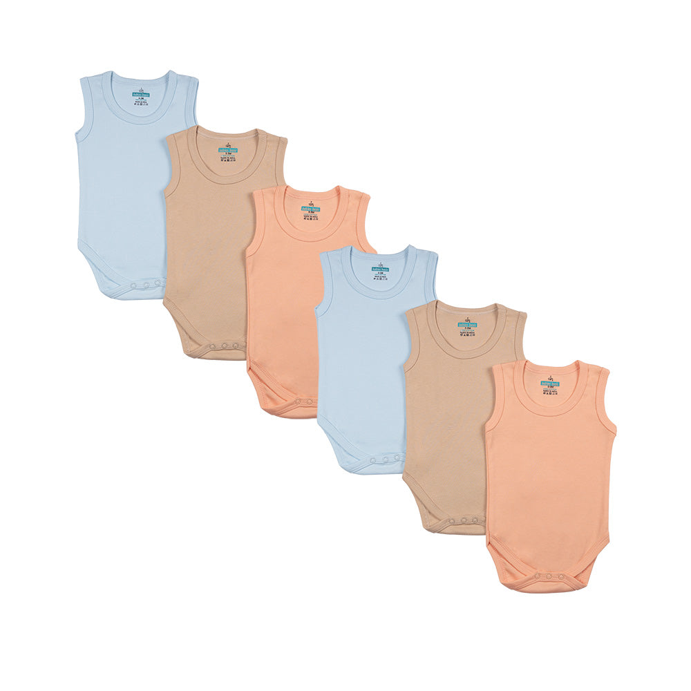 Babies Basic - 6pc-Set - 100% Cotton Sleeveless Bodysuit ‚ Blue, Brown, Orange