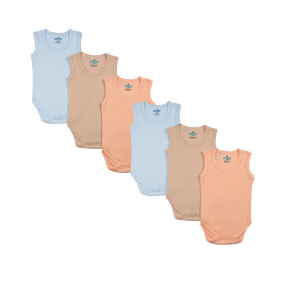 Babies Basic - 6pc-Set - 100% Cotton Sleeveless Bodysuit ‚ Blue, Brown, Orange