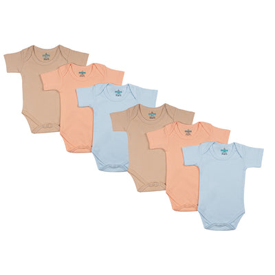 Babies Basic - 6pc-Set - 100% Cotton ShortSleeves Bodysuit ‚ Blue, Brown, Orange