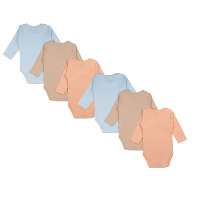 Babies Basic - 6pc-Set - 100% Cotton LongSleeves Bodysuit ‚ Blue, Brown, Orange