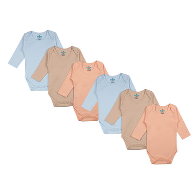 Babies Basic - 6pc-Set - 100% Cotton LongSleeves Bodysuit ‚ Blue, Brown, Orange