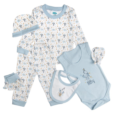 7pc Cotton Set - Bib, Romper, Mittens, Socks, Cap, Top & Pyjama - Blue Baby