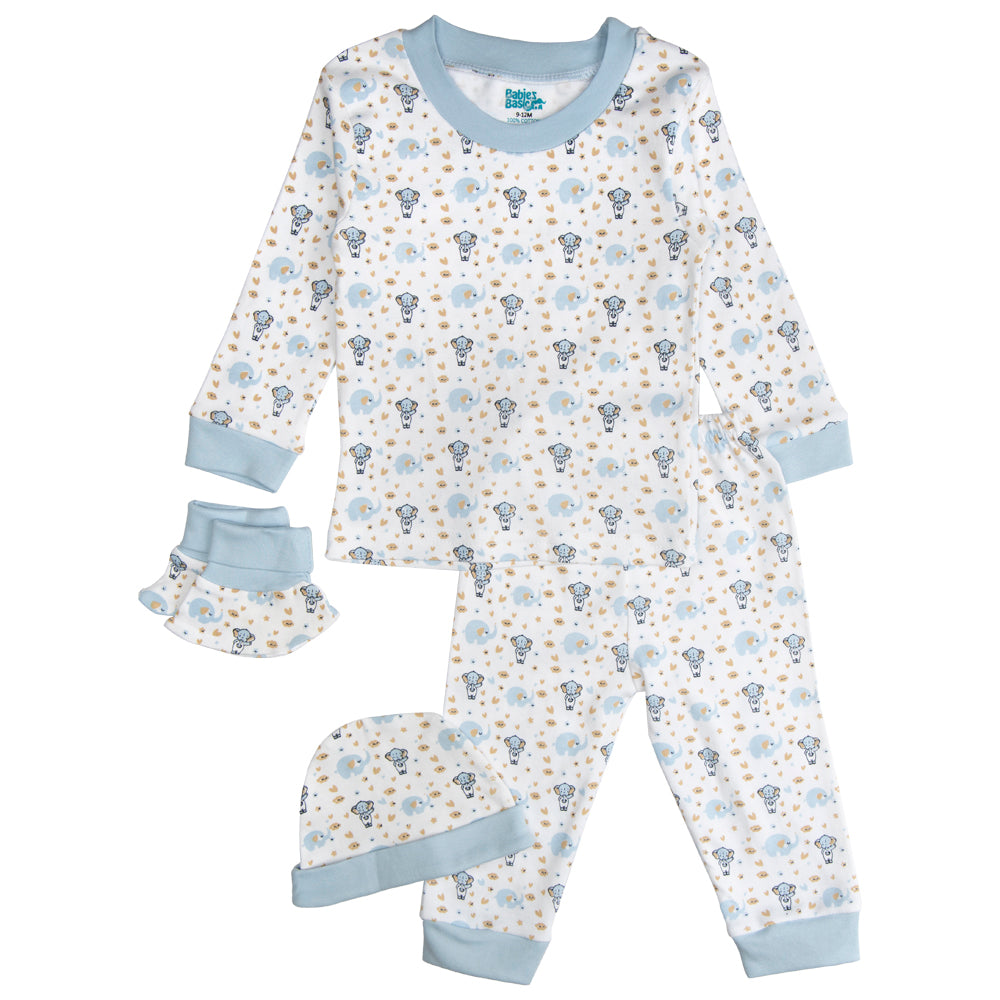 7pc Cotton Set - Bib, Romper, Mittens, Socks, Cap, Top & Pyjama - Blue Baby