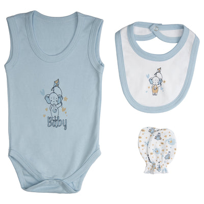 7pc Cotton Set - Bib, Romper, Mittens, Socks, Cap, Top & Pyjama - Blue Baby