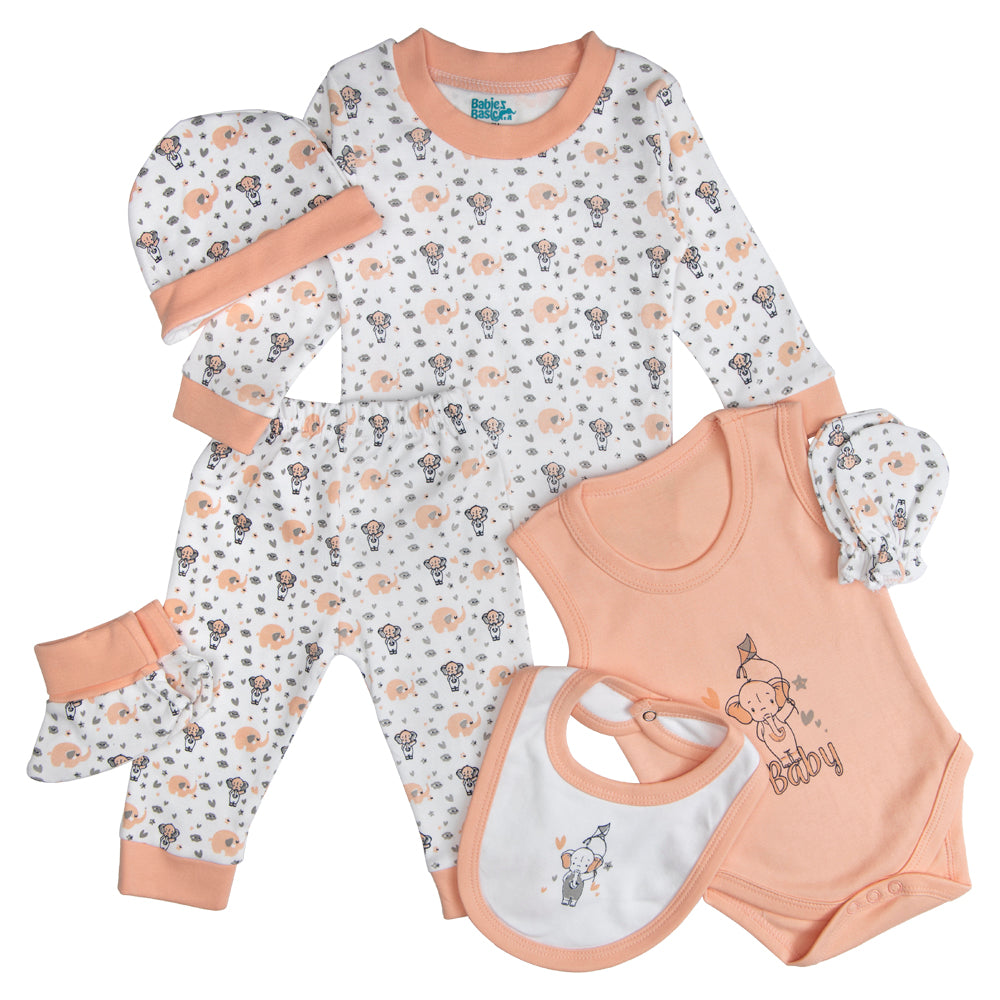 7pc Cotton Set - Bib, Romper, Mittens, Socks, Cap, Top & Pyjama - Peach Baby