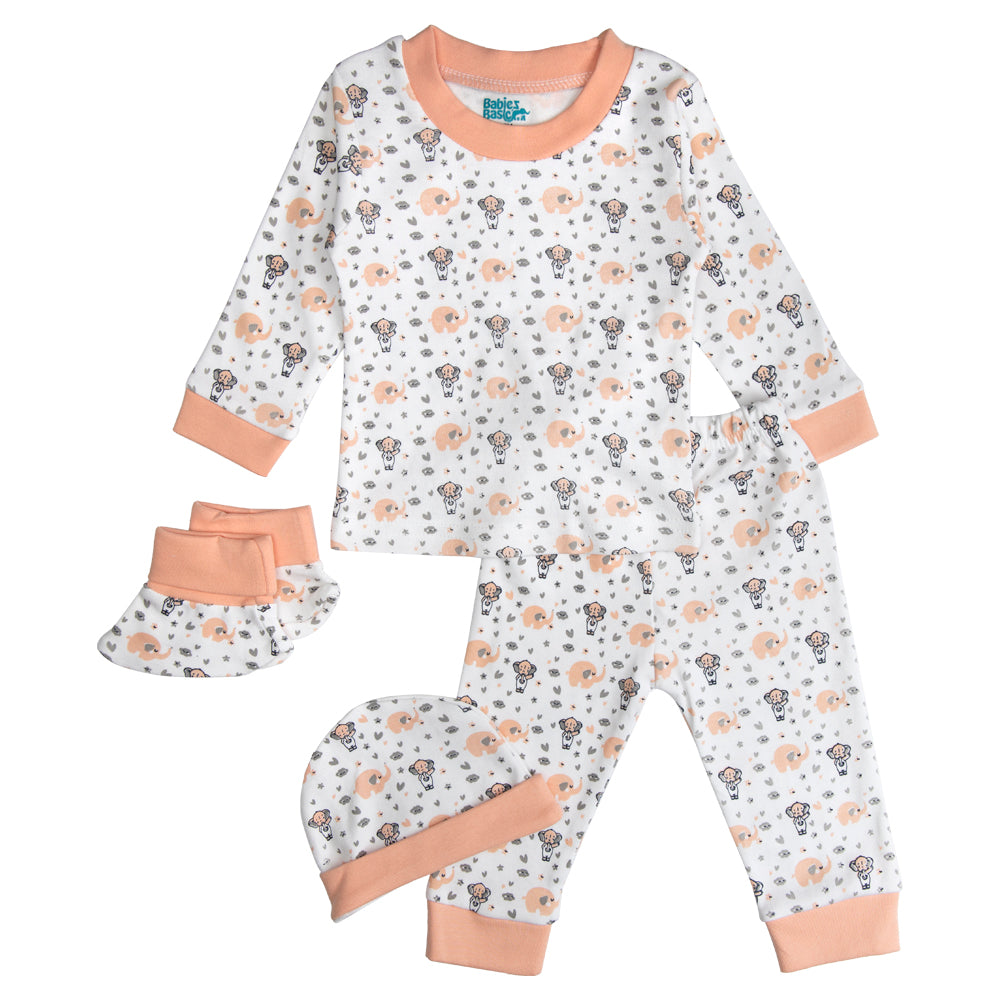 7pc Cotton Set - Bib, Romper, Mittens, Socks, Cap, Top & Pyjama - Peach Baby