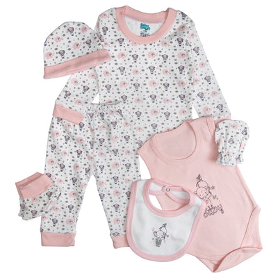 7pc Cotton Set - Bib, Romper, Mittens, Socks, Cap, Top & Pyjama - Pink Baby