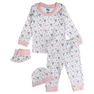 7pc Cotton Set - Bib, Romper, Mittens, Socks, Cap, Top & Pyjama - Pink Baby