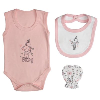 7pc Cotton Set - Bib, Romper, Mittens, Socks, Cap, Top & Pyjama - Pink Baby