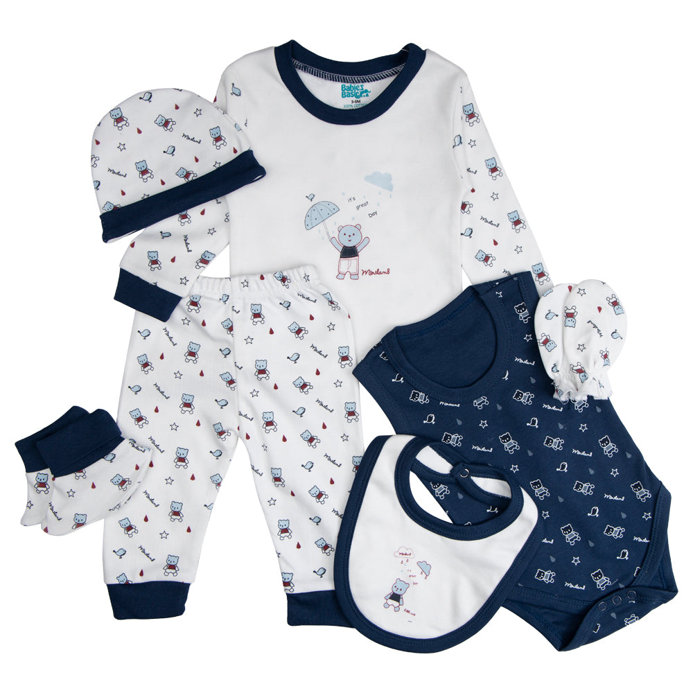 7pc Cotton Set - Bib, Romper, Mittens, Socks, Cap, Top & Pyjama -Blue