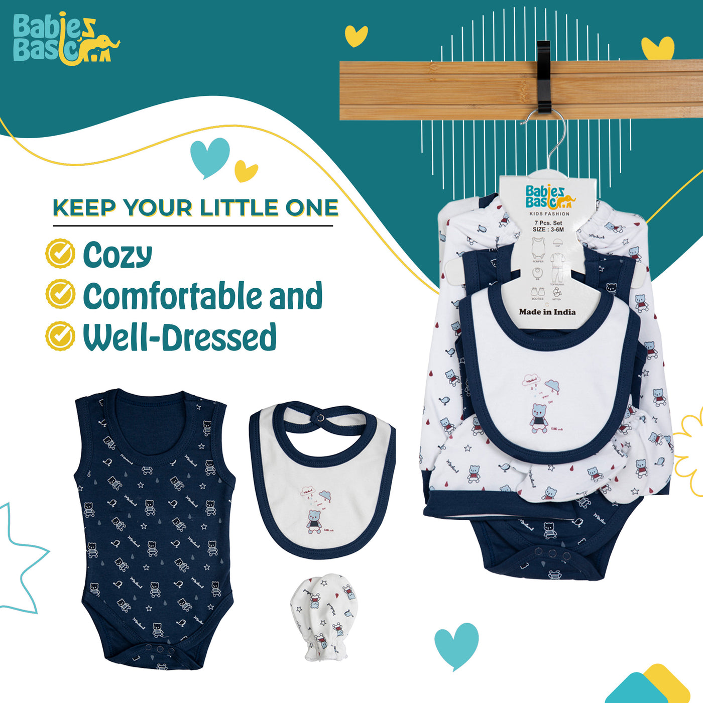 7pc Cotton Set - Bib, Romper, Mittens, Socks, Cap, Top & Pyjama -Blue