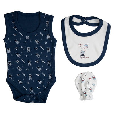 7pc Cotton Set - Bib, Romper, Mittens, Socks, Cap, Top & Pyjama -Blue