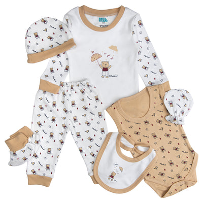 7pc Cotton Set - Bib, Romper, Mittens, Socks, Cap, Top & Pyjama -Brown