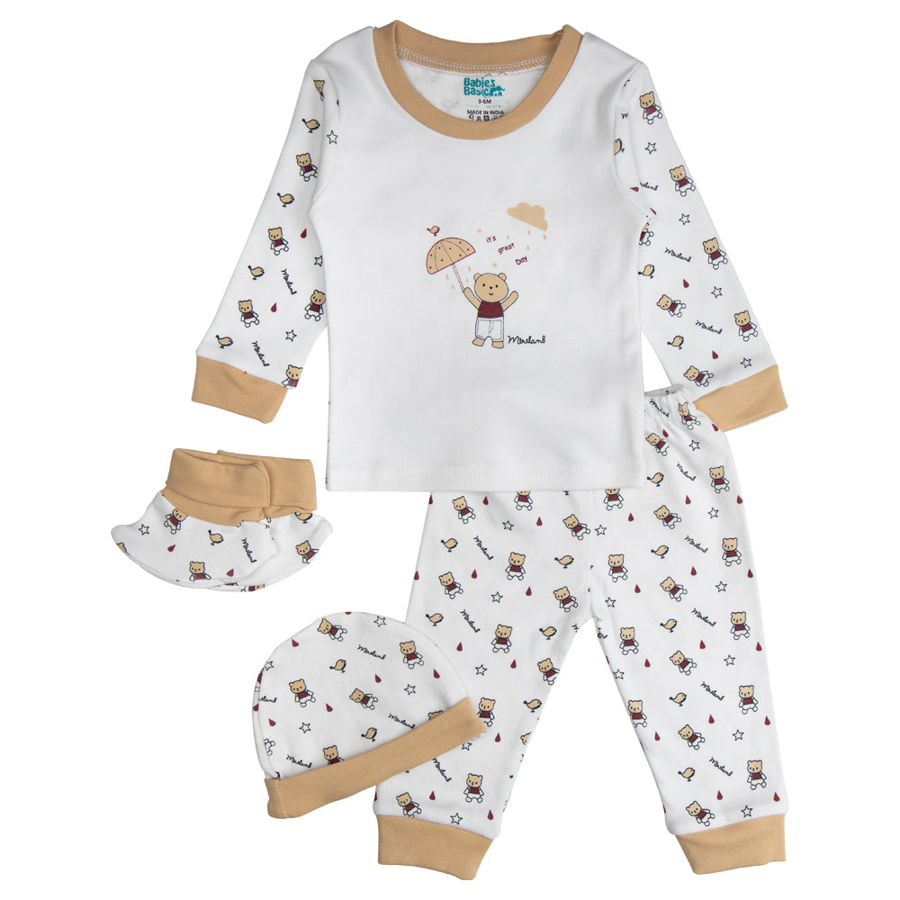 7pc Cotton Set - Bib, Romper, Mittens, Socks, Cap, Top & Pyjama -Brown