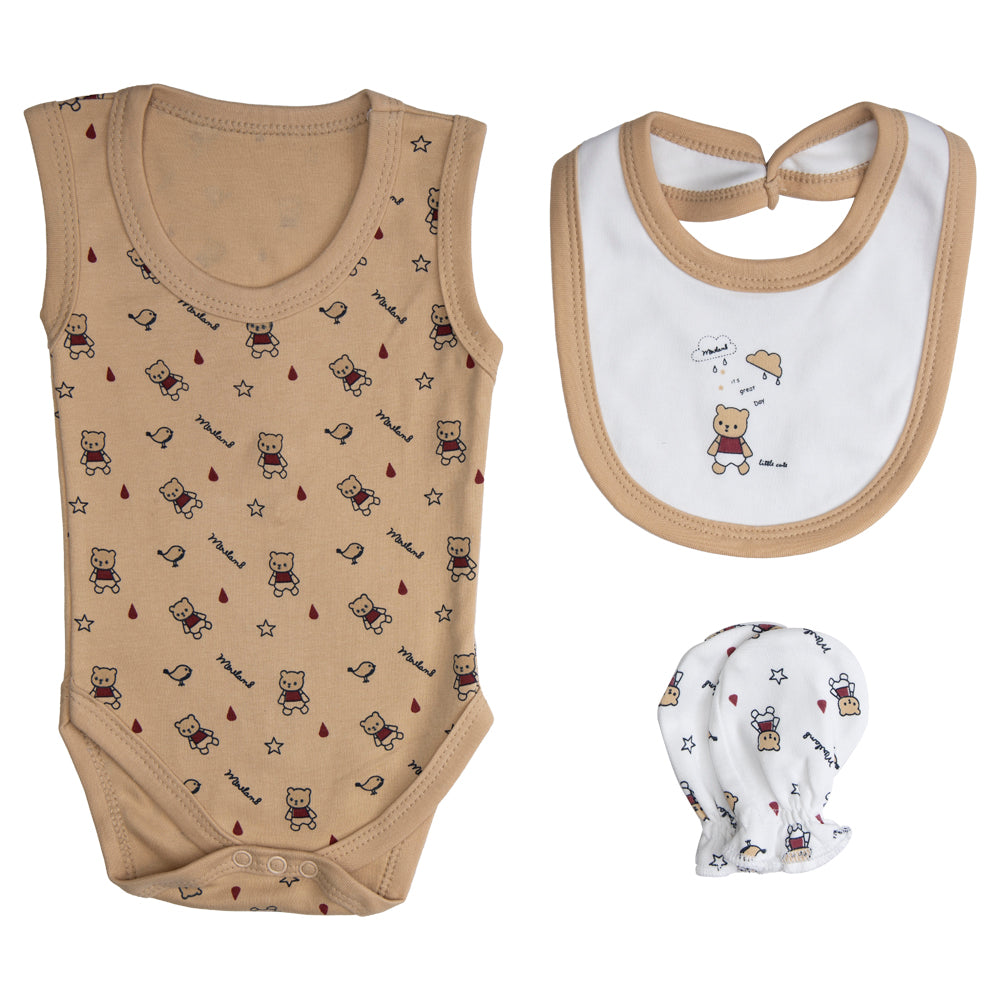 7pc Cotton Set - Bib, Romper, Mittens, Socks, Cap, Top & Pyjama -Brown