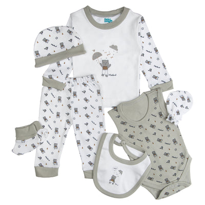 7pc Cotton Set - Bib, Romper, Mittens, Socks, Cap, Top & Pyjama -Green