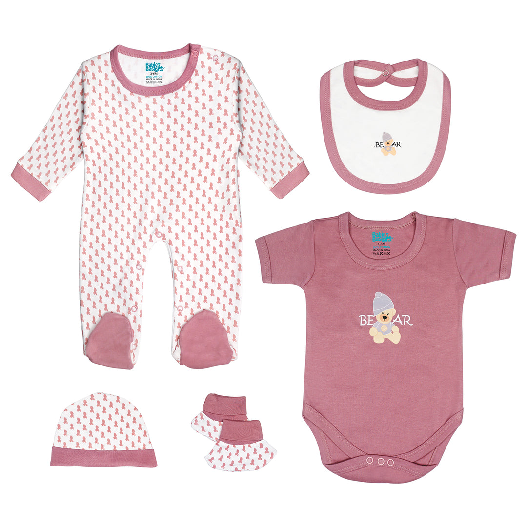 Babies Basic 5 piece Unisex 100% Cotton Sets include Bib, Romper, Mittens, Cap and Sleepsuit/Jumpsuit