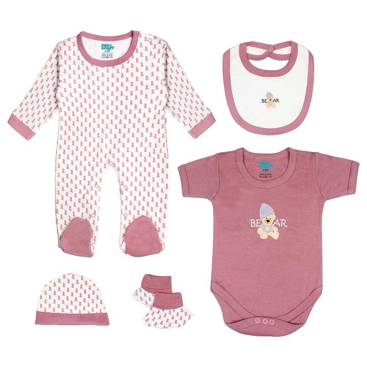 Babies Basic 5 piece Unisex 100% Cotton Sets include Bib, Romper, Mittens, Cap and Sleepsuit/Jumpsuit