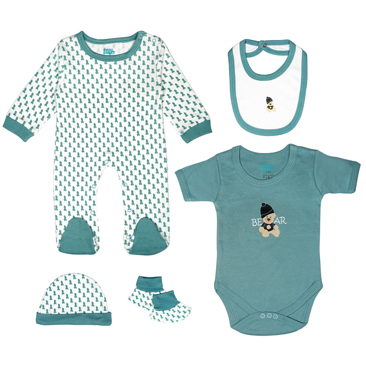 Babies Basic 5 piece Unisex 100% Cotton Sets include Bib, Romper, Mittens, Cap and Sleepsuit/Jumpsuit