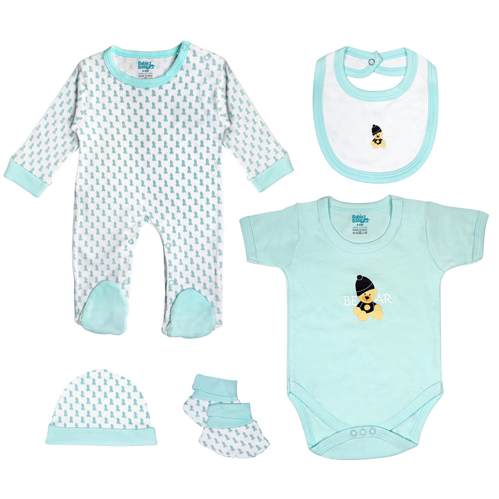 Babies Basic 5 piece Unisex 100% Cotton Sets include Bib, Romper, Mittens, Cap and Sleepsuit/Jumpsuit