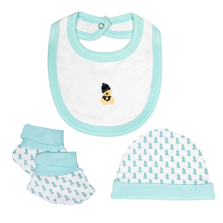 Babies Basic 5 piece Unisex 100% Cotton Sets include Bib, Romper, Mittens, Cap and Sleepsuit/Jumpsuit