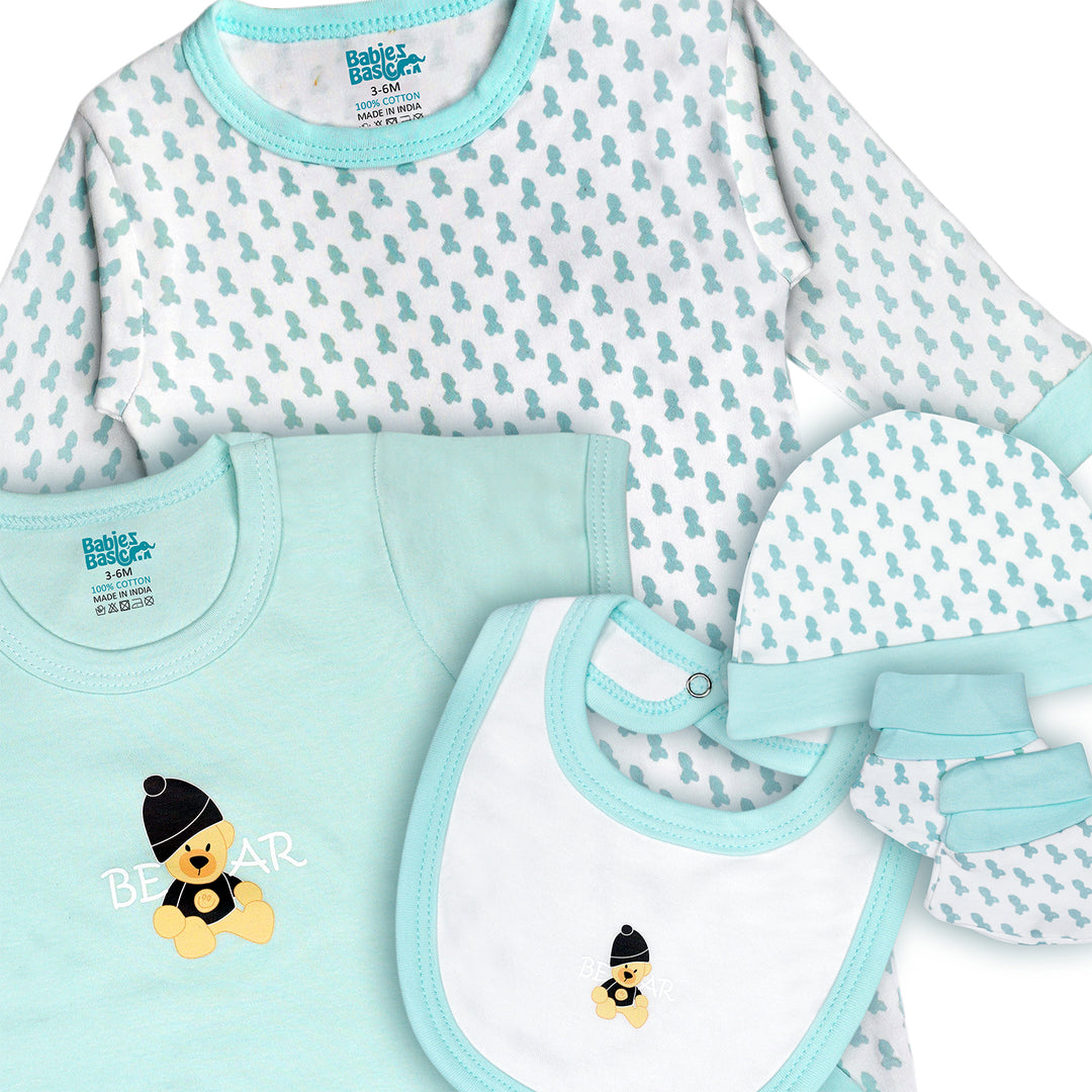 Babies Basic 5 piece Unisex 100% Cotton Sets include Bib, Romper, Mittens, Cap and Sleepsuit/Jumpsuit