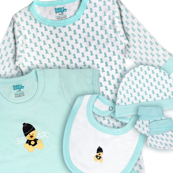 Babies Basic 5 piece Unisex 100% Cotton Sets include Bib, Romper, Mittens, Cap and Sleepsuit/Jumpsuit