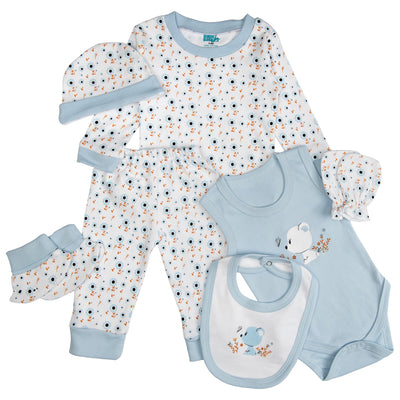 7pc Cotton Set - Bib, Romper, Mittens, Socks, Cap, Top & Pyjama -Blue