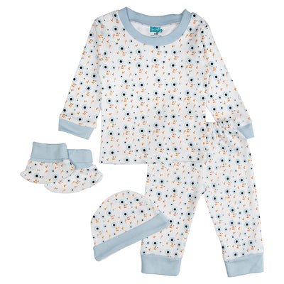 7pc Cotton Set - Bib, Romper, Mittens, Socks, Cap, Top & Pyjama -Blue