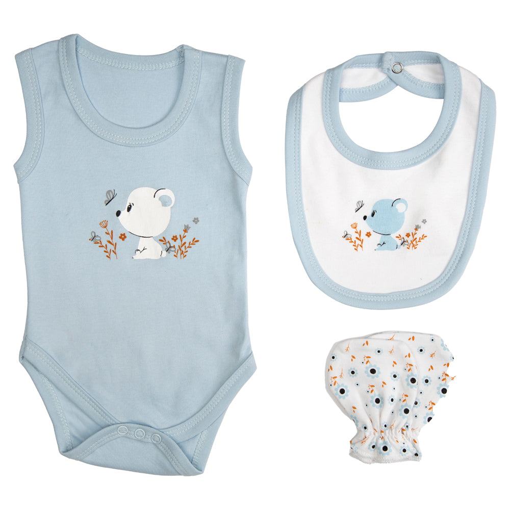 7pc Cotton Set - Bib, Romper, Mittens, Socks, Cap, Top & Pyjama -Blue