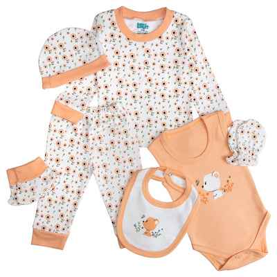 7pc Cotton Set - Bib, Romper, Mittens, Socks, Cap, Top & Pyjama -Peach