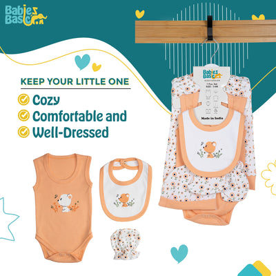 7pc Cotton Set - Bib, Romper, Mittens, Socks, Cap, Top & Pyjama -Peach