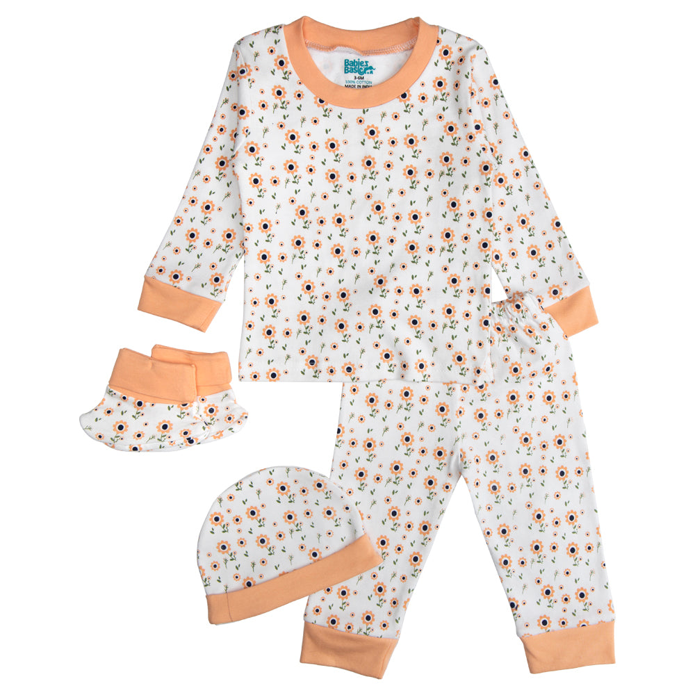 7pc Cotton Set - Bib, Romper, Mittens, Socks, Cap, Top & Pyjama -Peach