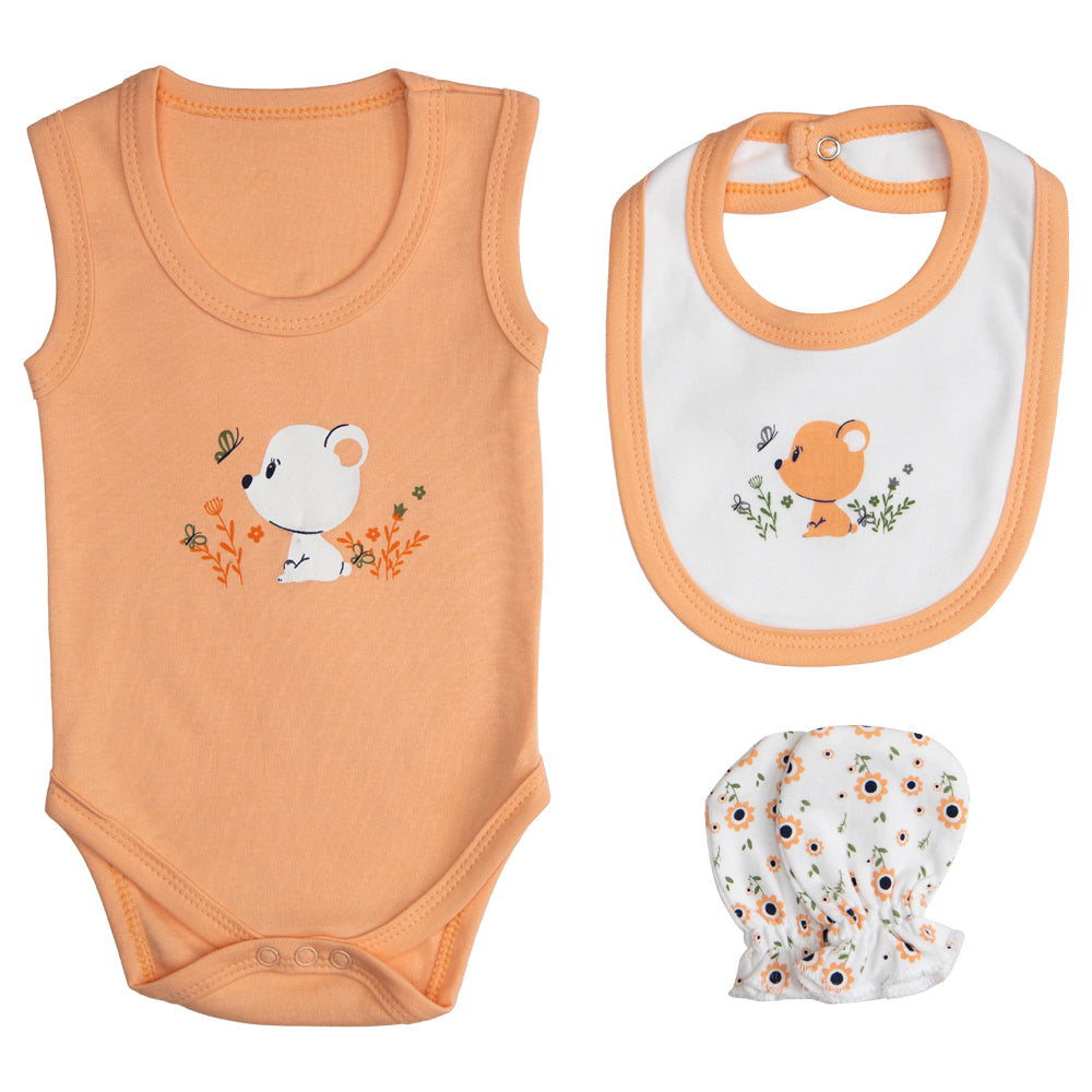 7pc Cotton Set - Bib, Romper, Mittens, Socks, Cap, Top & Pyjama -Peach